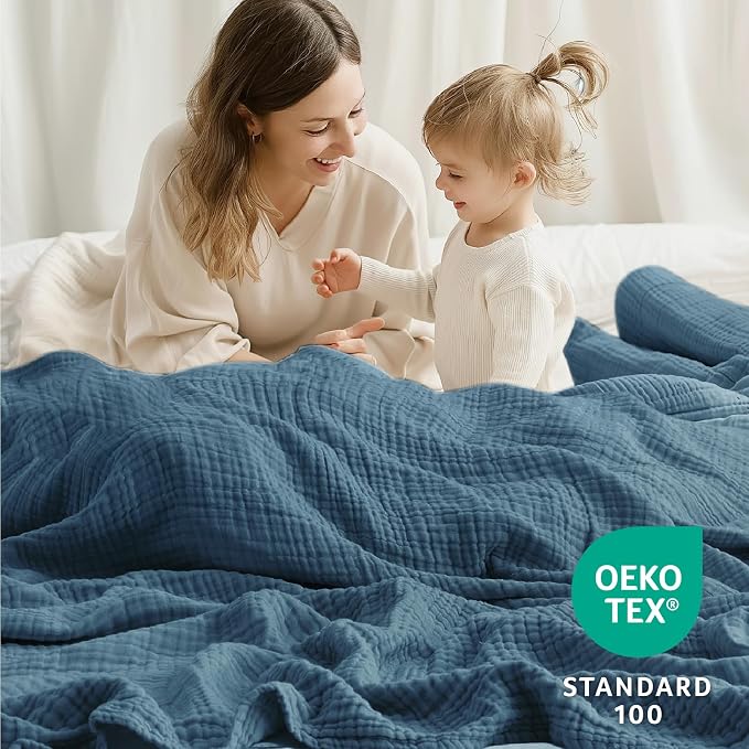 100% Cotton Muslin Blanket 40" x 40", Breathable and Lightweight Cotton Throw Blankets, Soft Cooling Summer Gauze Blanket for All Season, Blue