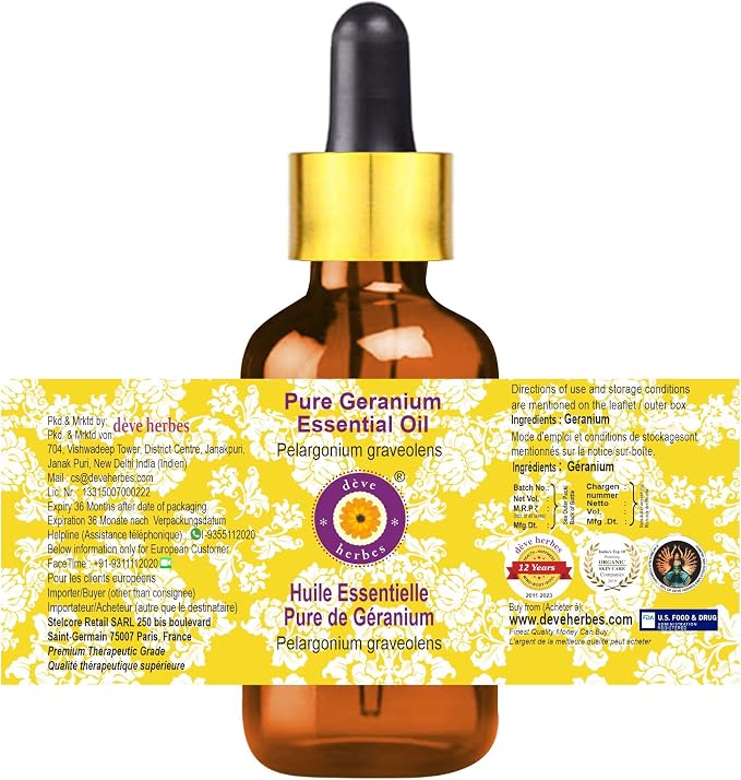 Deve Herbes Pure Geranium Essential Oil (Pelargonium graveolens) with Glass Dropper Steam Distilled 5ml (0.16 oz)