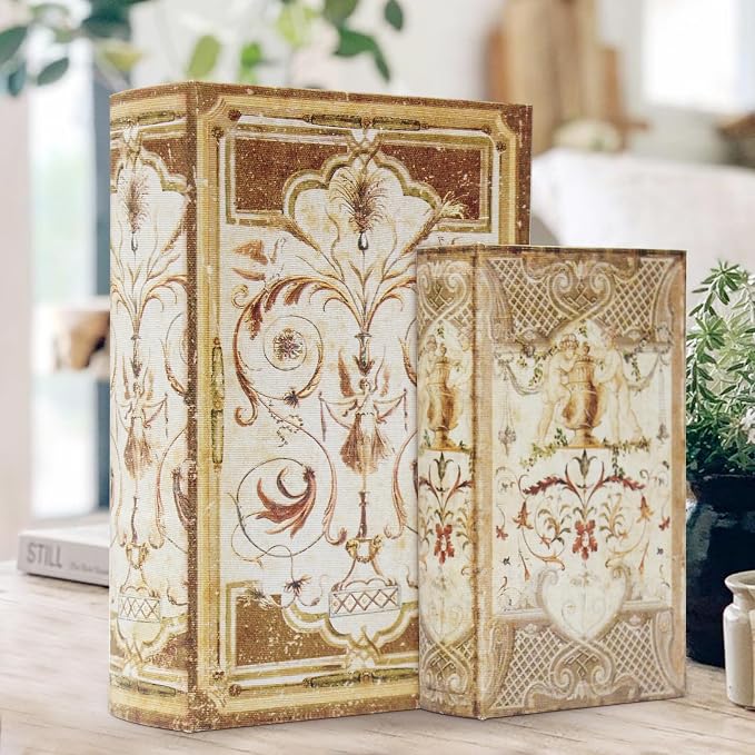 Decorative Book Boxes Set of 2 Magnetic Lock Faux Wooden Storage Book Box | Coffee Table Books Decor Retro Style Fabric Cover,Hidden Storage Secret Keepsake,Jewelry Trinket,Cash
