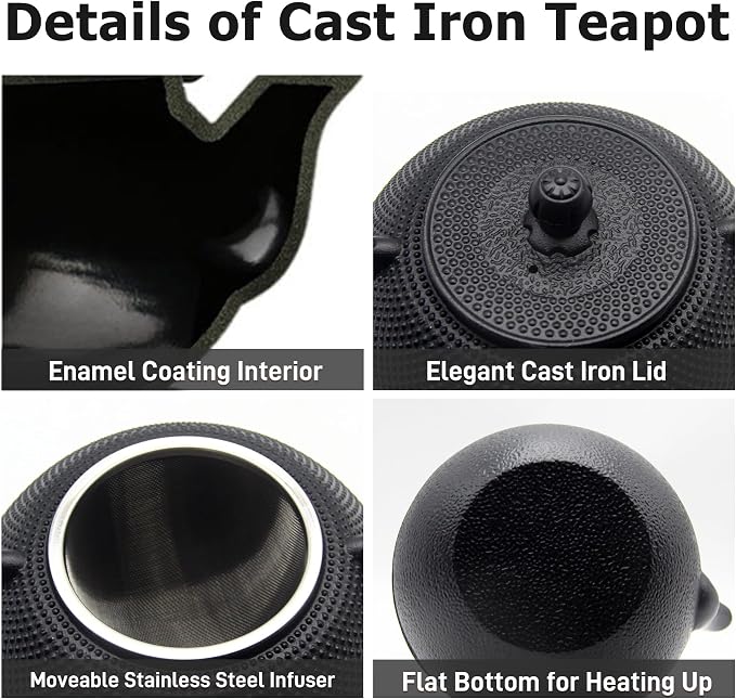 YJX Cast Iron Tea Pot Set, Japanese Tetsubin, 40.6oz Tea Kettle for Stovetop, Black Teapot with Stainless Steel Infuser for Loose Leaf Tea, 1200ml Small Asian Tea Set with Teacups