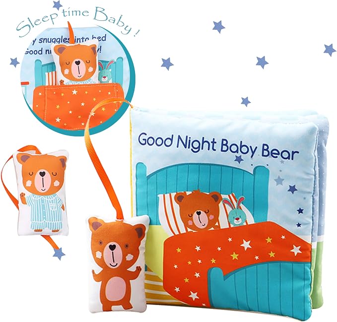 Bebe Mondo Teddy Bear Tummy Time Toy with Mirror, Soft Baby Book for 0-3-6-12 Months, Infant Sensory Developmental Toy, Shower Baby Gifts,Activity Quiet Cloth Book for Newborns,1-2 Year Old Book-Night