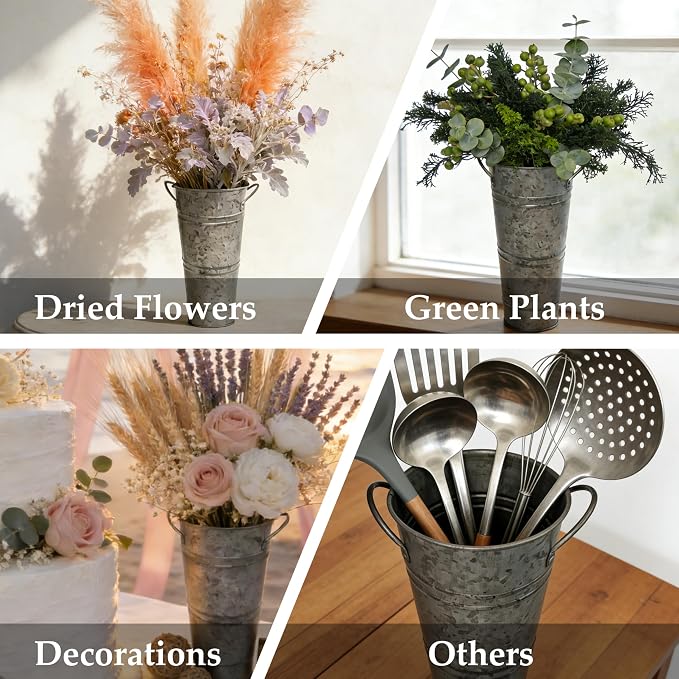 12 Inch Galvanized Metal Flower Buckets, Set of 6 - Rustic Tin Vases with Handles for Farmhouse & Wedding Decor, Tall Planters for Cut Flowers, Table Centerpiece & Home Organization