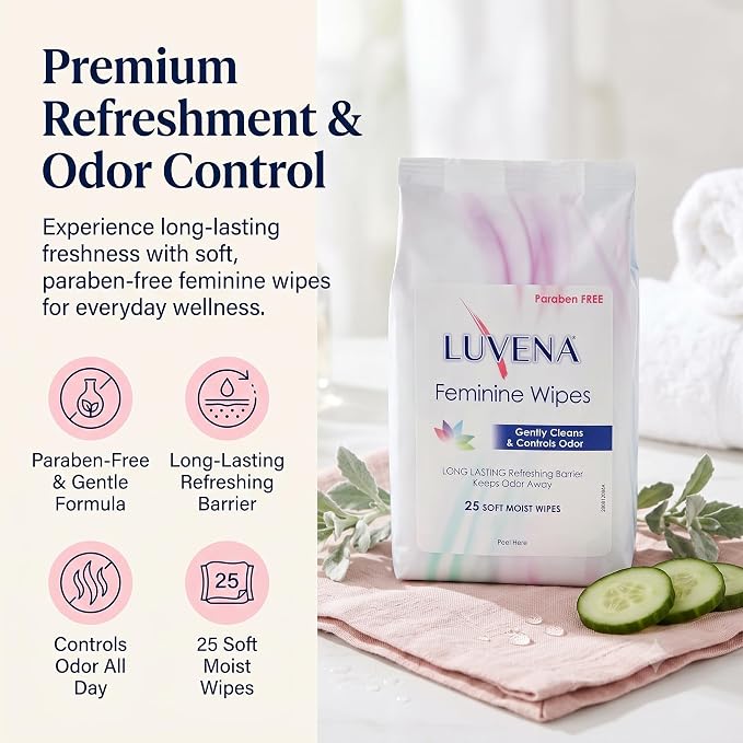 Luvena Soft Feminine Wipes for Women Cucumber Scented 25 Count Pack of 1 | pH balanced hypoallergenic cleansing cloths with aloe vera and natural enzymes, dermatologist tested and paraben free