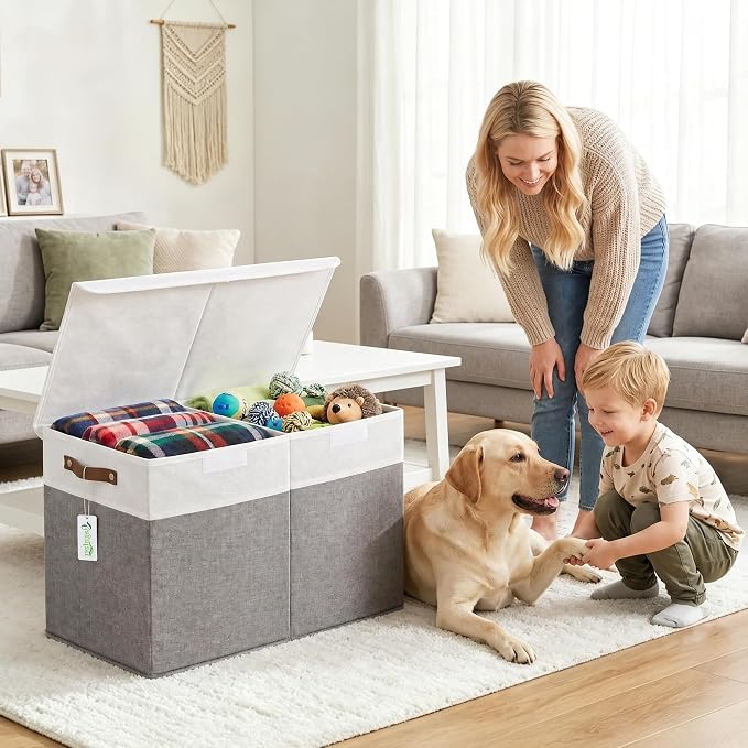 Large Toy Storage Box with Lids, Collapsible Sturdy Baby Storage Organizer Chest Bin Basket for Kids, Boys, Girls, Playroom, Nursery, Bedroom, Closet 25"x13"x16" (Gray and White)