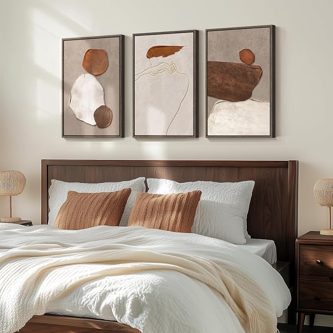 Framed Neutral Abstract Wall Art, 3 Piece Earth Tones Rustic Canvas Prints Paintings Artwork for Walls, Minimalist Abstract Stone Pictures for Living Room Dining Room Bedroom Wall Decor 16x24 Inch