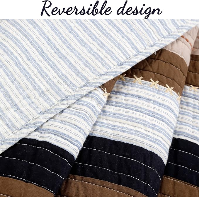 Cozy Line Home Fashions Sailor Navy Blue Star Striped Print Cotton Reversible Bedding Quilt Set (Nathan Stripe, Twin)