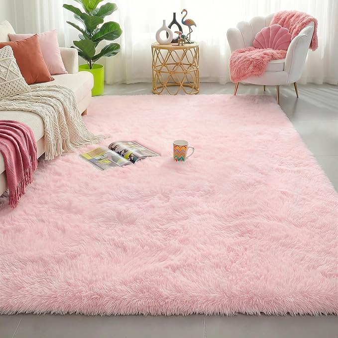 Amdrebio Pink Fluffy Shaggy Kids Area Rug 3x5 for Girls Bedroom Classroom | Shag Plush Furry Fuzzy Carpet, Nursery Preppy Dorm Playroom Decor, Cute Princess Aesthetic, Baby Toddler Corner, Rectangle