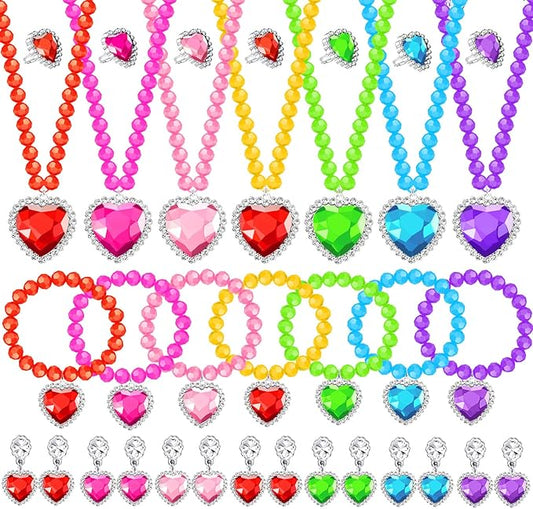 Princess Jewelry Set for Girls with Colorful Necklace Bracelets Rings Earrings Birthday Gifts Party Favors Pretend Play Dress up Costume Friendship Jewelry for Toddler Girls (Heart)