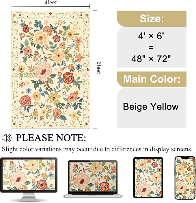 DUKINO 4x6 Area Rug, Floral Washable Office Chair Rug Non Slip Beige Yellow | Low Pile, Stain Resistant, Soft Indoor Rug for Bedroom, Living Room, Dining Room, Kids Room, Pet Friendly, Modern Home Decor
