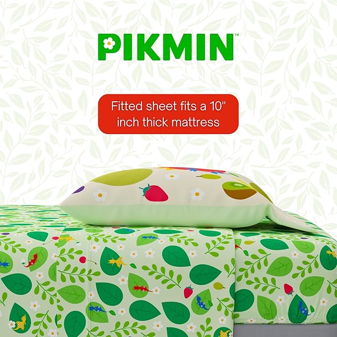 Nintendo Pikmin Video Game Kids Bedding Set, Twin Size 5 Piece Reversible Comforter and Sheet Set with Sham, (Officially Licensed Product) by Franco
