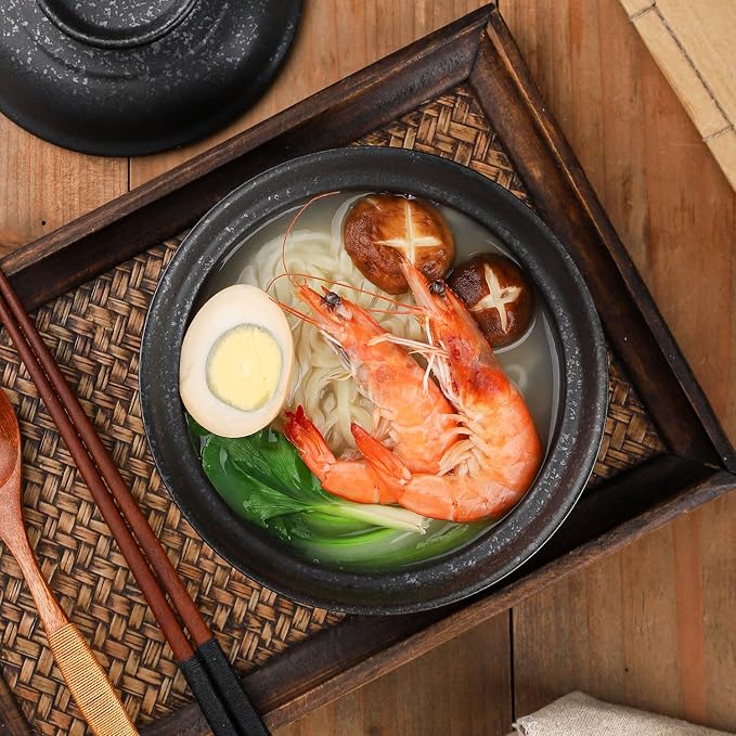 VanEnjoy Microwavable Ramen Bowl with Lid, 25 Oz Japanese Bowl Big Ceramic Japanese Soup Bowl with Lid, Korean Clay Pot - black