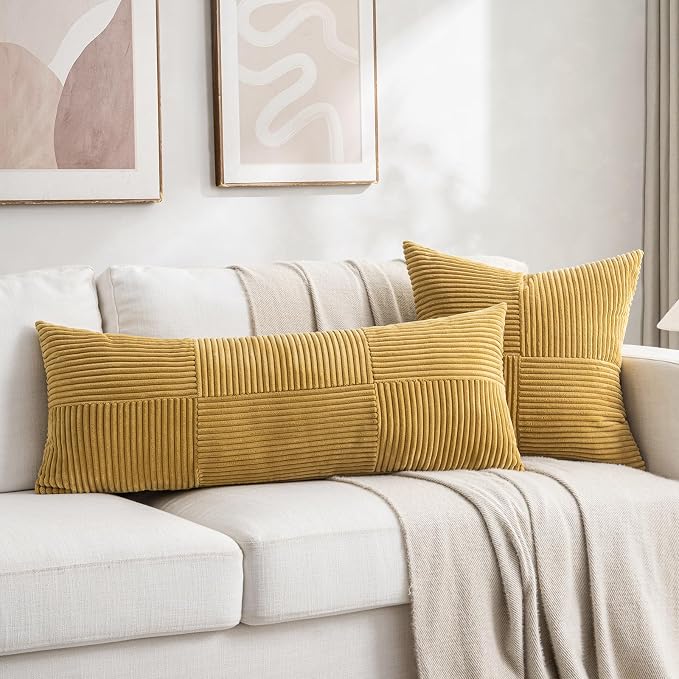 Fancy Homi Set of 2 Mustard Yellow Boho Long Lumbar Body Decorative Throw Pillow Cover 14x36 Inch for Bed Couch Bedroom Bench, Soft Patchwork Corduroy Pillow Case, Rustic Farmhouse Room Décor