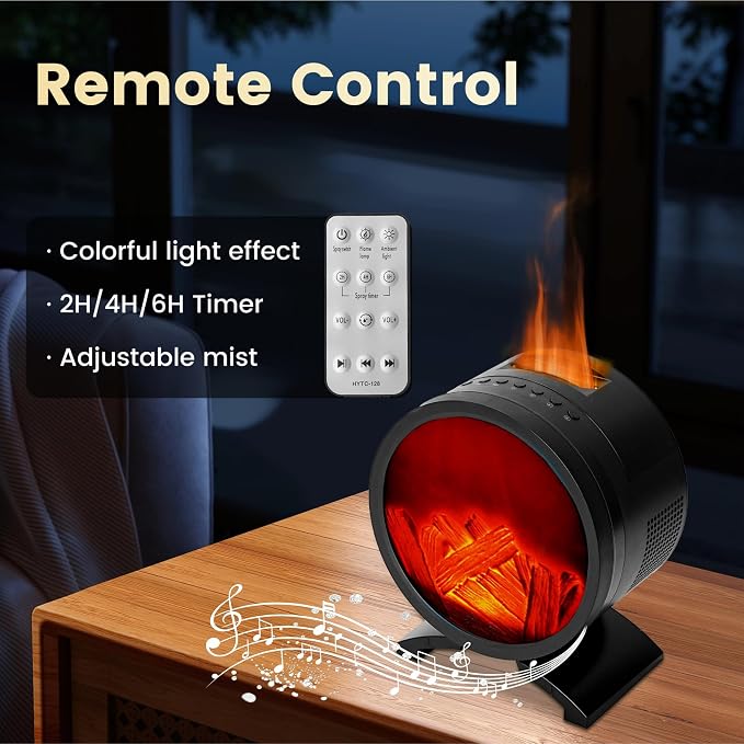 Round Fireplace Essential Oil Aromatherapy Diffuser with Speaker | 260ML Humidifier,Colorful Light,Realistic Flame Mist,Remote Control,Plug in,Timer Setting