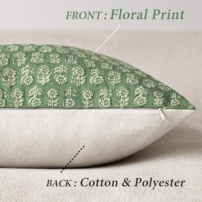 Foindtower Set of 2 Decorative Neutral Floral Print Throw Pillow Covers Vintage Accent Farmhouse Cushion Covers Boho Home Decor For Sofa Couch Chair Bedroom Living Room Outdoor,22×22 Inch,Forest Green