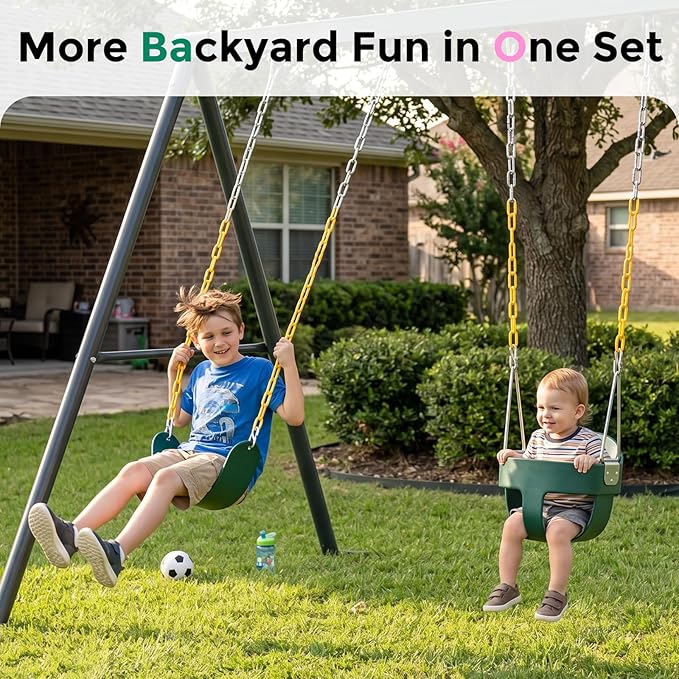 DECORLIFE Toddler Swing Set, High Back Full Bucket Swing with Heavy Duty Swing Seat Combo Pack, 330lb Capacity for Kids Adults, Plastic-Coated Chains and Quick-Snap Carabiners for Backyard, Playground