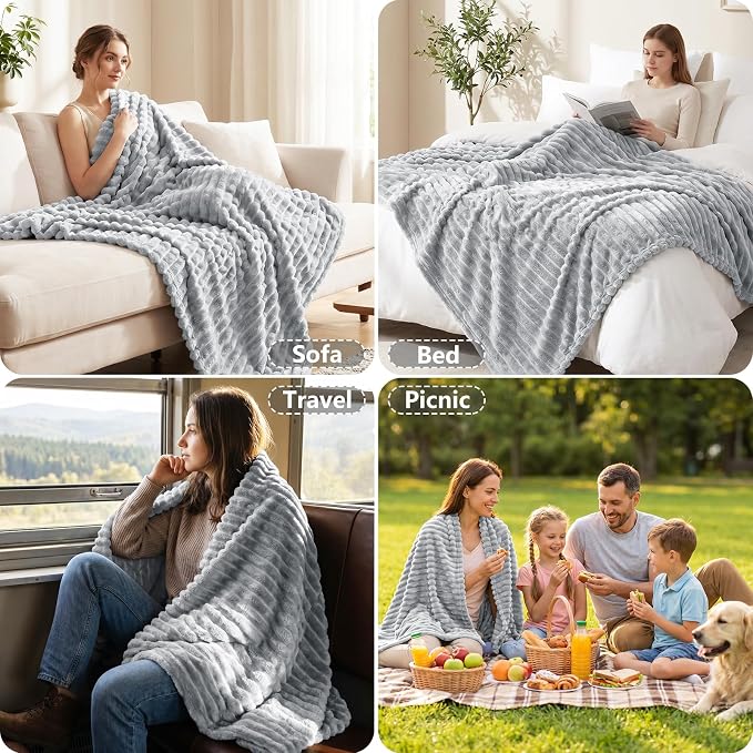 Light Gray Twin Blanket for Bed & Couch, 60 x 80 Inch | 300GSM Ribbed Fleece Blanket, Soft, Cozy & Lightweight, OEKO-TEX Certified, All-Season Use for Travel, Dorm & Home Decor