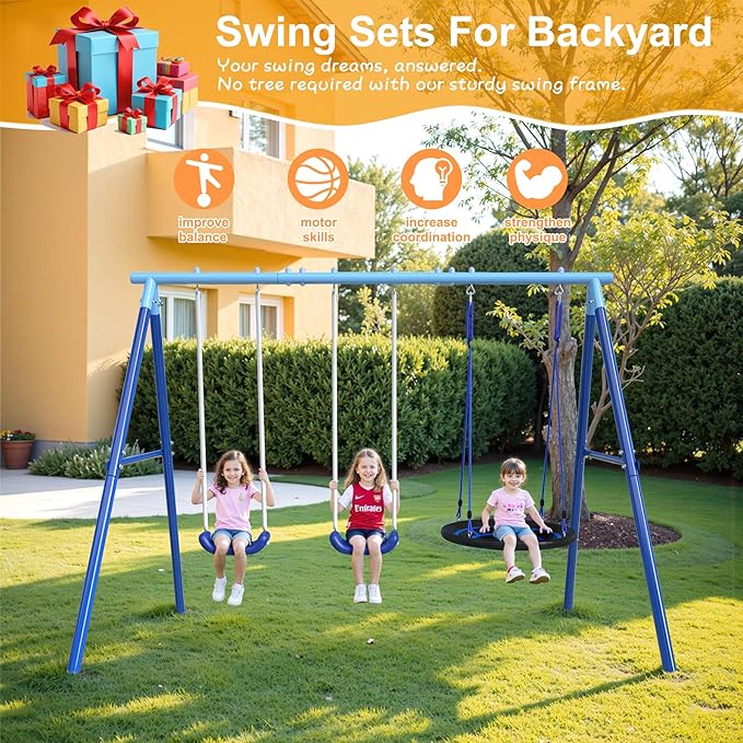 Heavy Duty Swing Set for Kids Ages 3-8 - 600 lbs Capacity Outdoor Metal A-Frame Playset, 3-in-1 Backyard Playground Equipment with 2 Blow Molded Belt Swings and 32" Saucer Swing