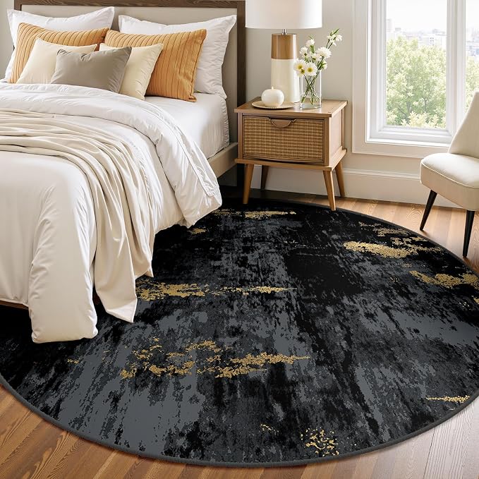 RELEANY Washable Round 6ft Area Rug for Living Room Black Gold | carpet for bedroom, kitchen, office, hallway and entryway, printed pattern, non-slip, soft, stain-resistant, easy to clean