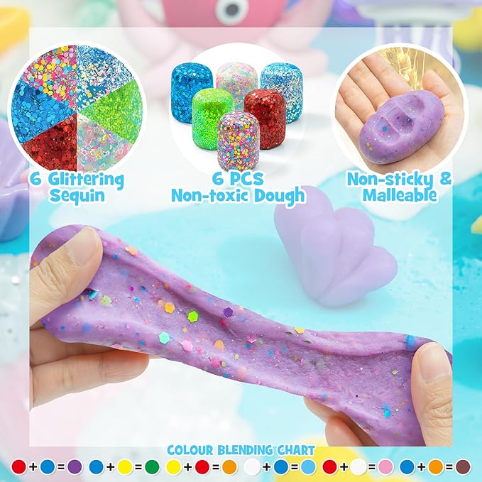 SIMPLIPLAY Mermaid Sensory Kit, 18oz 6 Pcs Glitter Doughs with Accessories(150 Pcs+), Non-Toxic Play Dough Set, Sensory Dough Kit for Toddlers 3 4 5 6 Year Old with Cutter, Mermaid Toys