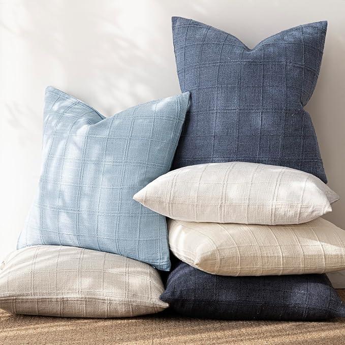 Foindtower Set of 2 Decorative Linen Check Throw Pillow Covers Neutral Farmhouse Vintage Cushion Covers Cozy Modern Boho Accent Home Decor for Sofa Chair Couch Bedroom Living Room,14×36 Inch,Sky Blue