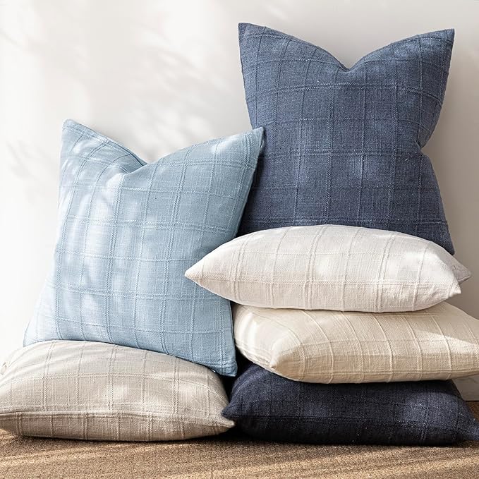 Foindtower Set of 2 Decorative Linen Check Throw Pillow Covers Neutral Farmhouse Vintage Cushion Covers Modern Boho Accent Home Decor for Sofa Chair Couch Bedroom Living Room,26×26 Inch,Sky Blue