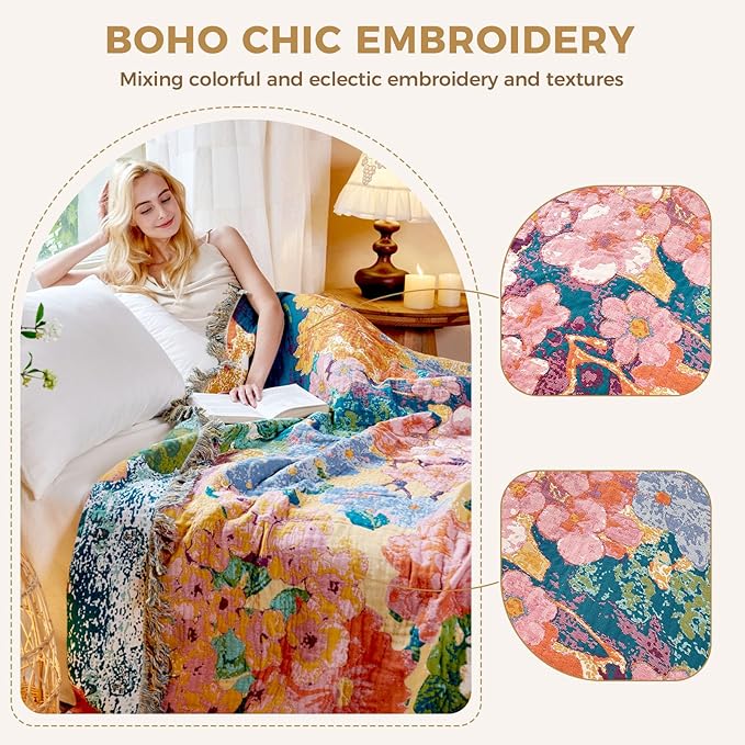 LUTBM Boho Throw Blanket for Couch 50"x60", Cotton Decorative Bed Throws | Reversible Watercolor Floral Jacquard, All-Season, For Chair Sofa Living Room, Soft Lightweight Summer Blankets, Home Decor