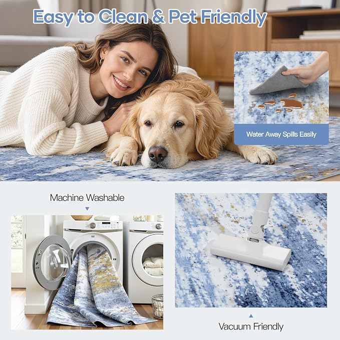 8x10 Area Rug for Living Room, Abstract Washable Large Rugs, Light Blue | Neutral Carpet for Bedroom, Dining Room, Home Office Nursery, Indoor, Stain Resistant, Low Pile, Non-Slip, Modern Rug