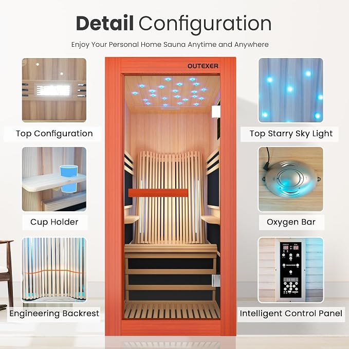 OUTEXER Infrared Sauna 1495W Wooden Saunas Spa Room Pacific Clear Cedar Wood Single Person Indoor Saunas with Special Shaped Comfortable Backrest 32.68 * 47.24 * 69.29 Inch