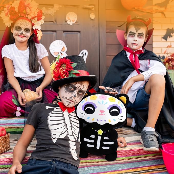 Achwishap Black Cat Stuffed Animal-14” Day of The Dead Cat Plush,Soft Cats Plush Toys Halloween & Día de Los Muertos Gifts for Kids,Cute Kitten Plushies,Kawaii Stuffed Pillow,Animal Pillow for Adults