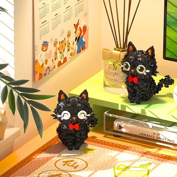 Black Cat Mini Brick Set | Creative Flower Blossom Puss Building Toy for Adults & Kids | Cute Animal Model Desk Decoration Gift (1651pcs)