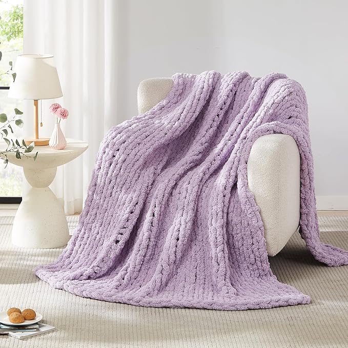 L'AGRATY Chunky Knit Throw Blanket for Couch, 50'' x 60'' Knit Throw, Purple
