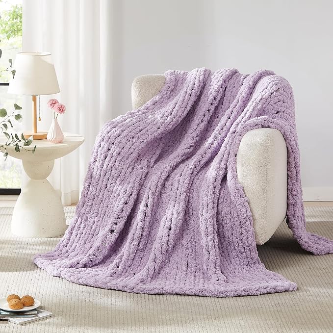 L'AGRATY Chunky Knit Throw Blanket for Couch, 60'' x 80'' Knit Throw, Purple