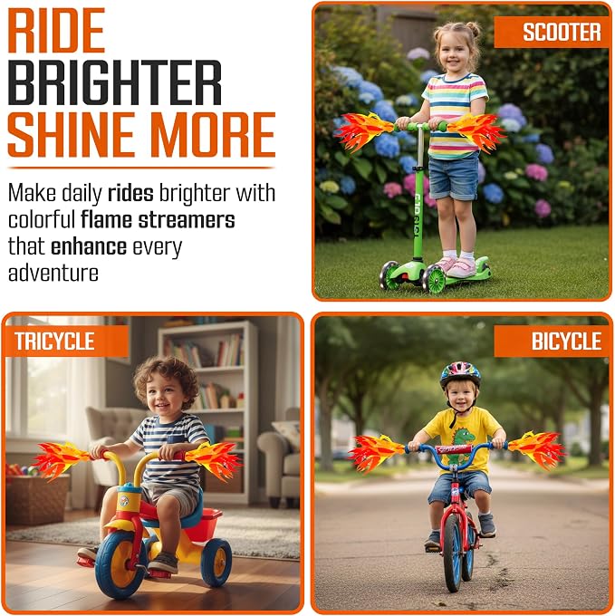 Iconikal 1-Pair Flame Streamers for Bicycle or Scooter Handlebar, 10-Inch Kids Bike, Easy Install