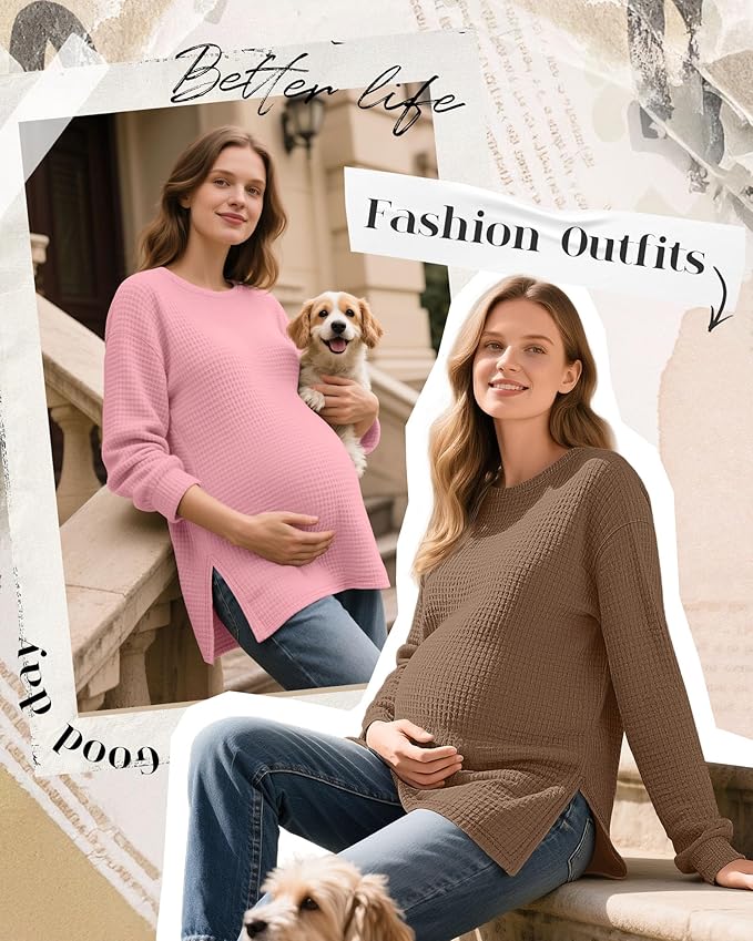 3 Pack Women's Maternity Shirts Long Sleeve Waffle Knit Side Split Oversized Tops Pregnancy Clothes Fall Tees