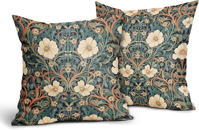 Vintage Floral Lumbar Pillow Covers 24x24 Inch Orange Whtie Green Toile Flowers Pillow Cases Chinoiserie Aesthetic Tapestry Linen Cushion Case Farmhouse Home Decor for Sofa Couch Porch Outdoor Set 2