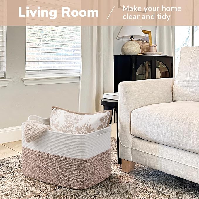 Goodpick 50L Large Woven Storage Basket, 18" x 14" x 12", Brown | Stylish Gift Basket for Home Decor, Cotton Rope Baskets for Toys & Clothes Storage, Living Room & Bedroom Organization