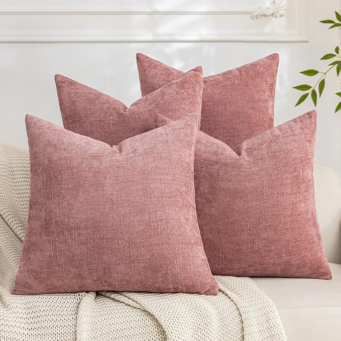 Set of 4 Soft Textured Decorative Throw Pillow Covers 22x22 Inch Cozy Farmhouse Cushion Cover Square Accent Pillow Cases for Bed Couch Sofa Living Room, Plum Pink
