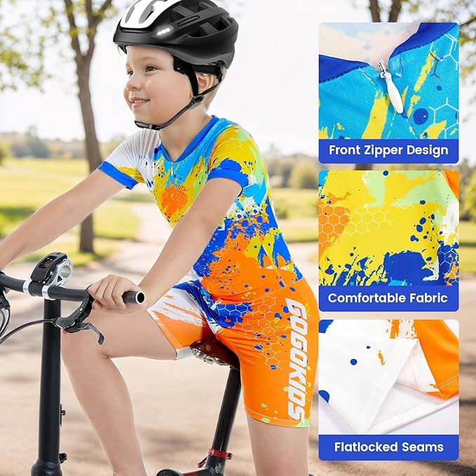 Gogokids Boys Cycling Jersey Youth Bike Suit with 3D Cushion, Kids Teen Short Sleeve Bicycle Clothes
