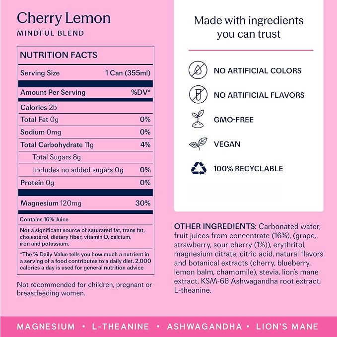 TRIP Lightly Sparkling Adaptogen Drink, Non Alcoholic Drink with Magnesium, Ashwagandha, Lions Mane & L Theanine, No Added Sugar Mocktail, Vegan, Cherry Lemon, 12 Oz, 12Pk