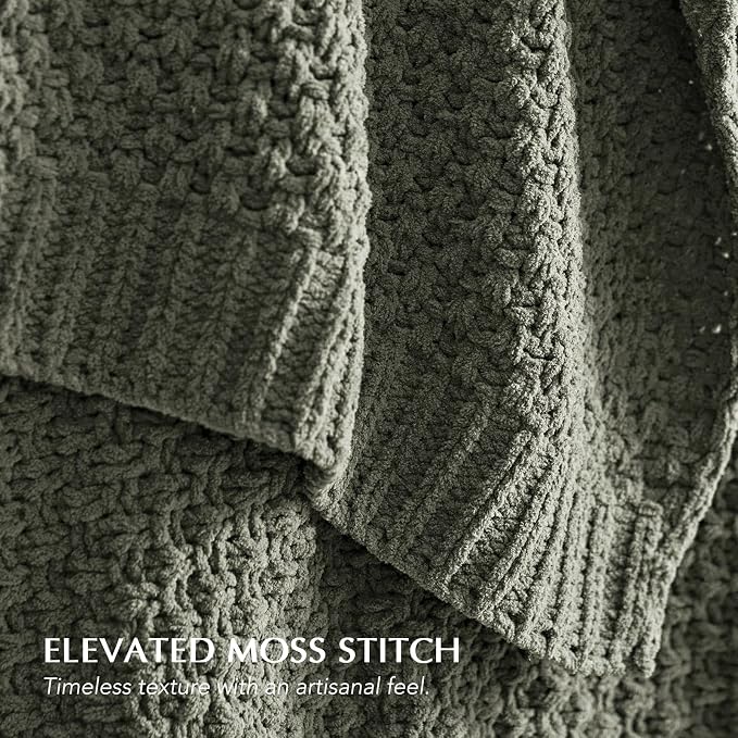 EVERGRACEHOME Chunky Chenille Knit Throw Blanket, 90x90, Dried Thyme Green | Sculpted Moss Stitch, Chic Modern Farmhouse, All-Season Warmth, OEKO-TEX® Certified, Oversized Queen for Couch, Bed, Sofa
