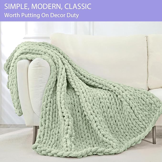 Bigacogo Chunky Knit Throw Blanket for Couch, 40x60 inches, Sage Green | Hand Knit with Jumbo Chenille, Soft Breathable Cable Knit for Sofa Bed Living Room, Machine Washable, Gift for Mom Friend