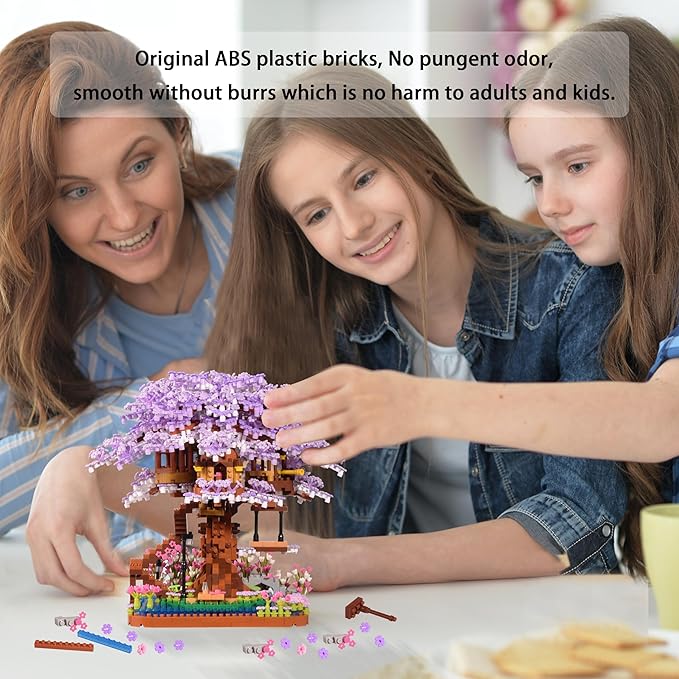 Cherry Blossom Bonsai Tree Micro Building Set Creative Gift for Adults Girls Boys 14+, Japanese Purple Cherry Tree House Micro Blocks Model for Adults, Flowers House 2200PCS