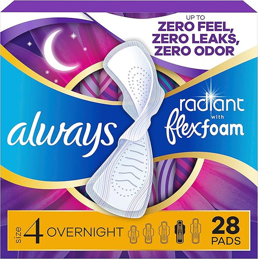 Always Radiant Feminine Pads for Women, Flexfoam Pads with Wings, Size 4, Overnight Absorbency, Lightly Scented, 28 Count
