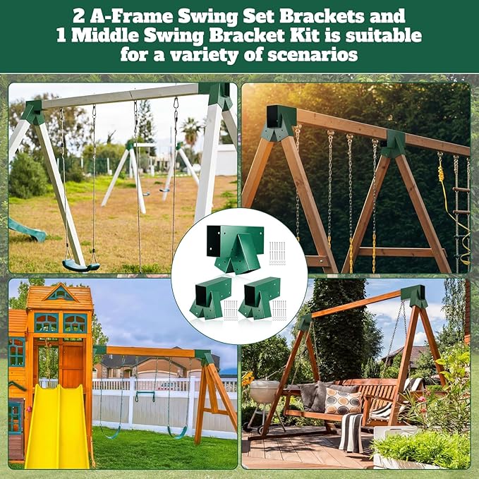 Duraaamo 3 Pcs Heavy Duty Swing Set Bracket Kit – 3 A-Frame Hardware for DIY Outdoor Playground, Includes 2 Main Brackets & 1 Middle Bracket(Green)