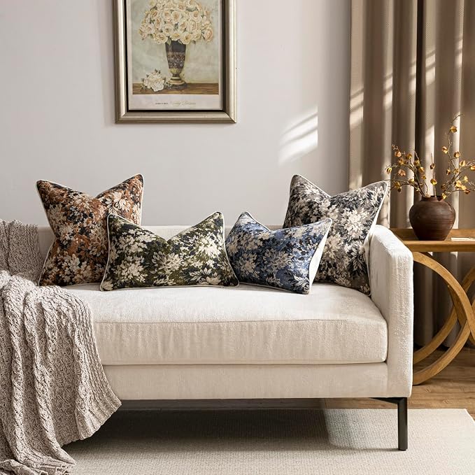 Pack of 2 Vintage Floral Pillow Covers 12x20 Boho Farmhouse Accents Chenille Rectangular Lumbar Decorative Throw Pillow Cases for Living Room Couch Bed Home Decor, Olive Green