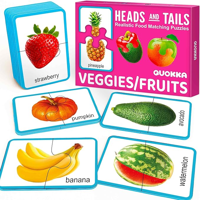 QUOKKA Jigsaw Toddler Puzzles Ages 2-4 – 100% Self-Correcting 16 Realistic Matching Fruits Veggies – Educational Toddler Puzzles Ages 1-3 with 32 Pieces – Memory Matching Games