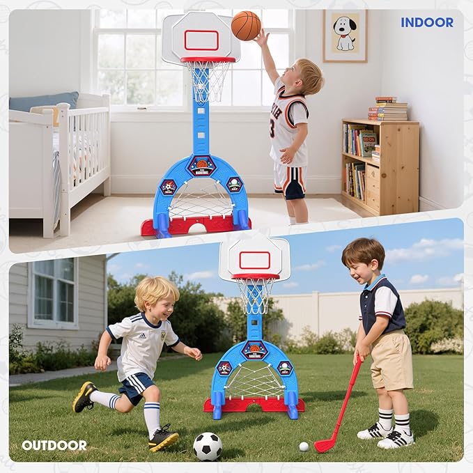 HYES Toddler Basketball Hoop, 3-in-1 Sports Activity Center with Soccer Goal, Golf Game, 5 Height Adjustable Kids Basketball Hoop, Indoor Outdoor Playset Toys Gifts for Boys Girls 3-5, Blue