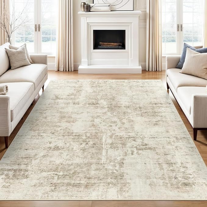 Soalmost 9x12 Area Rugs for Living Room Washable Rug Abstract Beige/Gray | Non-Slip Large Modern Carpet for Dining Bedroom, Soft Low Pile Lightweight Foldable Floor Mat Nursery Home Office Decor