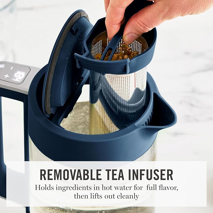 Martha Stewart Electric Kettle with Removable Stainless Steel Tea Infuser, Glass Carafe 1.7L (7 Cups), Hot Water Boiler, 4 Presets,  Keep Warm & Auto Shut-Off, Cordless 360° Swivel Base, Indigo Blue