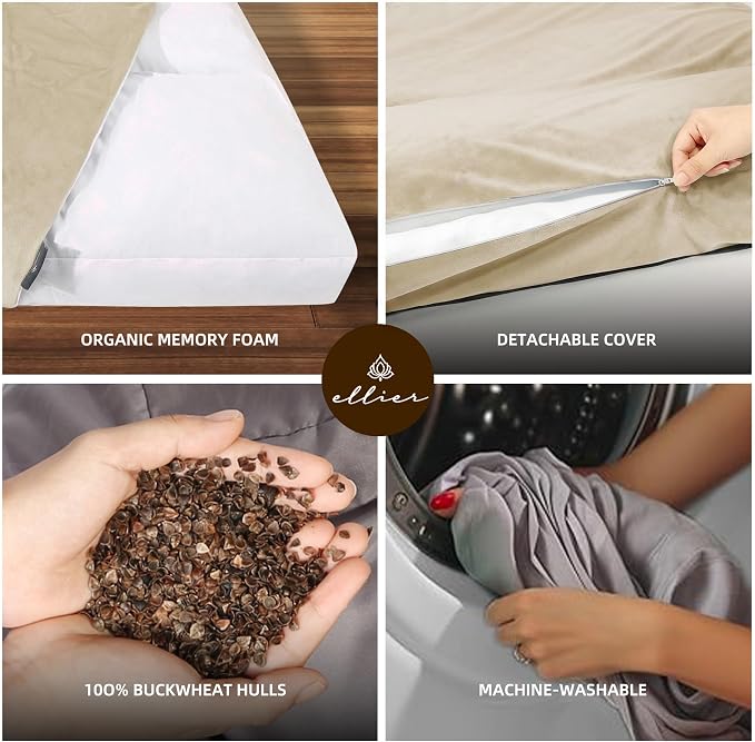 ellier Zafu & Zabuton Meditation Cushion Set - Buckwheat Hull & Memory Foam Pillows, Ergonomic Support for Yoga, Mindfulness - Organic Velvet Cover, Large Size, Durable Comfort (Khaki)